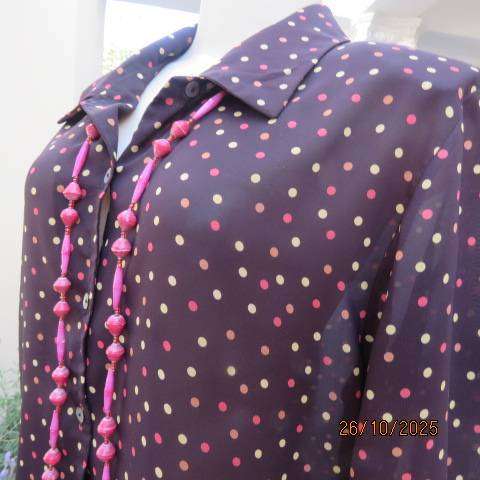 BY DESIGN choc brown sheer polyester long sleeve top with tan-yellow-crimson dots. Size 40