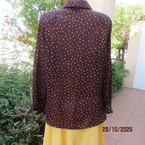 BY DESIGN choc brown sheer polyester long sleeve top with tan-yellow-crimson dots. Size 40