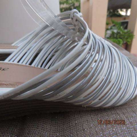 PARADISE slip-on wedge heel sandals with thin straps in white and silver, size 4