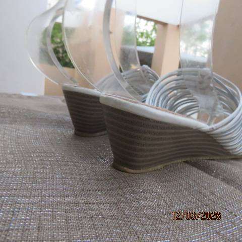 PARADISE slip-on wedge heel sandals with thin straps in white and silver, size 4