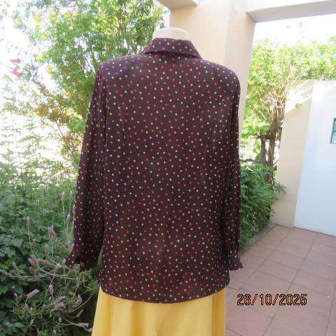 BY DESIGN choc brown sheer polyester long sleeve top with tan-yellow-crimson dots. Size 40