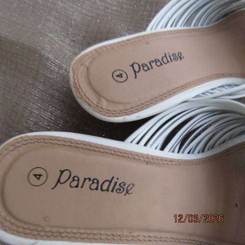 PARADISE slip-on wedge heel sandals with thin straps in white and silver, size 4