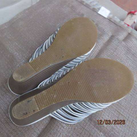 PARADISE slip-on wedge heel sandals with thin straps in white and silver, size 4