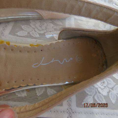 CLN beige patent leather look flat shoes from Philippines, size 8, partly see-through sides