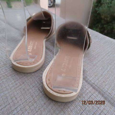Audacity beige slip-on flats with pointed fronts and buckle detail, size 5