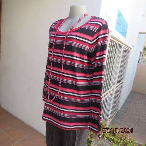 DEBBIE MORGAN long sleeve horizontal striped top in red-white-black and crimson. Size 40