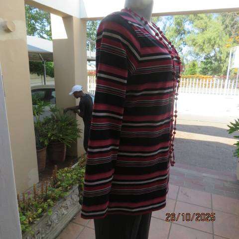DEBBIE MORGAN long sleeve horizontal striped top in red-white-black and crimson. Size 40
