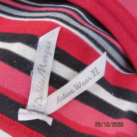 DEBBIE MORGAN long sleeve horizontal striped top in red-white-black and crimson. Size 40