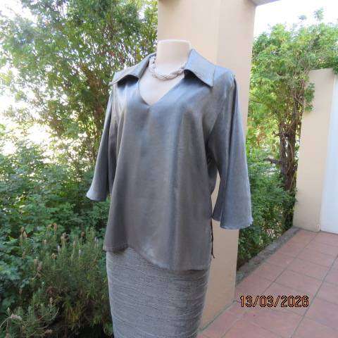 Dim Grey Boutique Satin V-Neck Top with Collar, Size 40