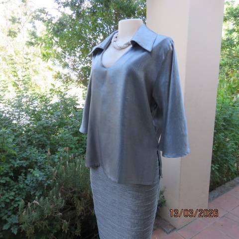 Dim Grey Boutique Satin V-Neck Top with Collar, Size 40