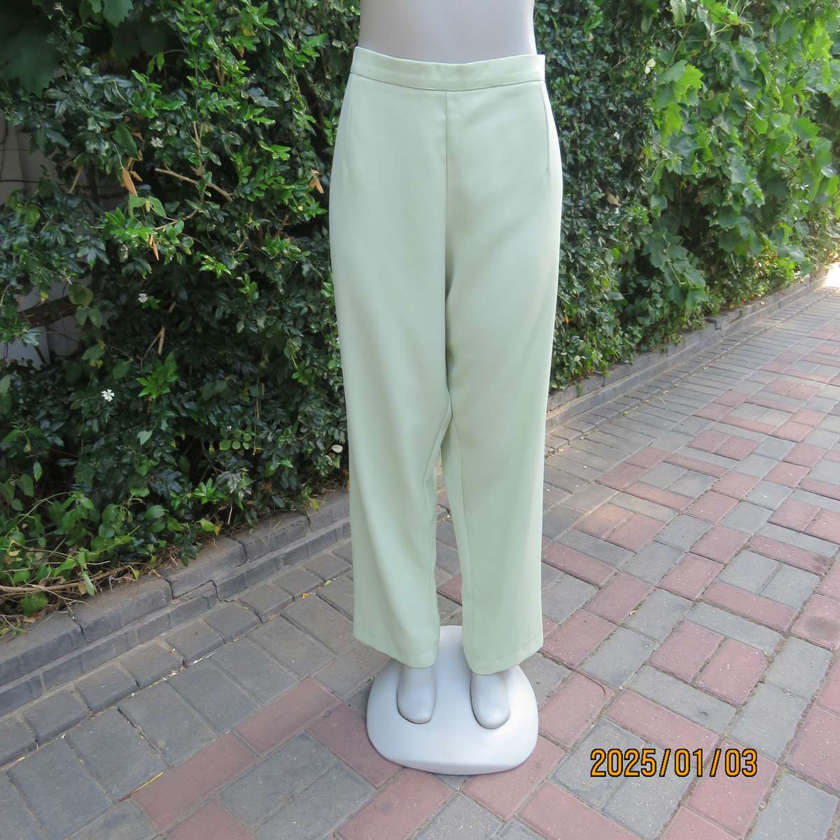 Pastel green dress pants with tapered legs. Flat front-elasticated back. Size 44. Firm textured poly