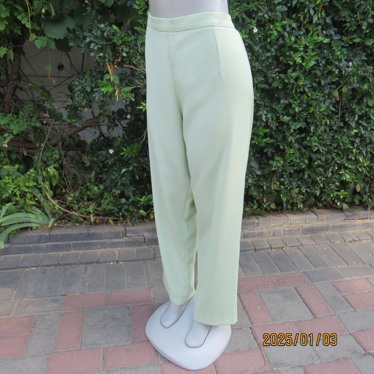 Pastel green dress pants with tapered legs. Flat front-elasticated back. Size 44. Firm textured poly