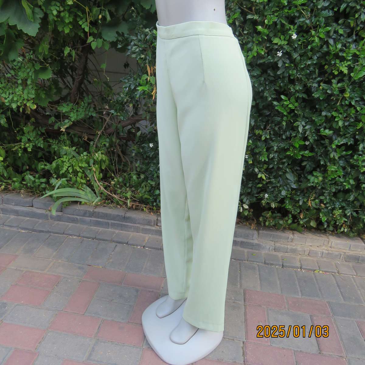 Pastel green dress pants with tapered legs. Flat front-elasticated back. Size 44. Firm textured poly