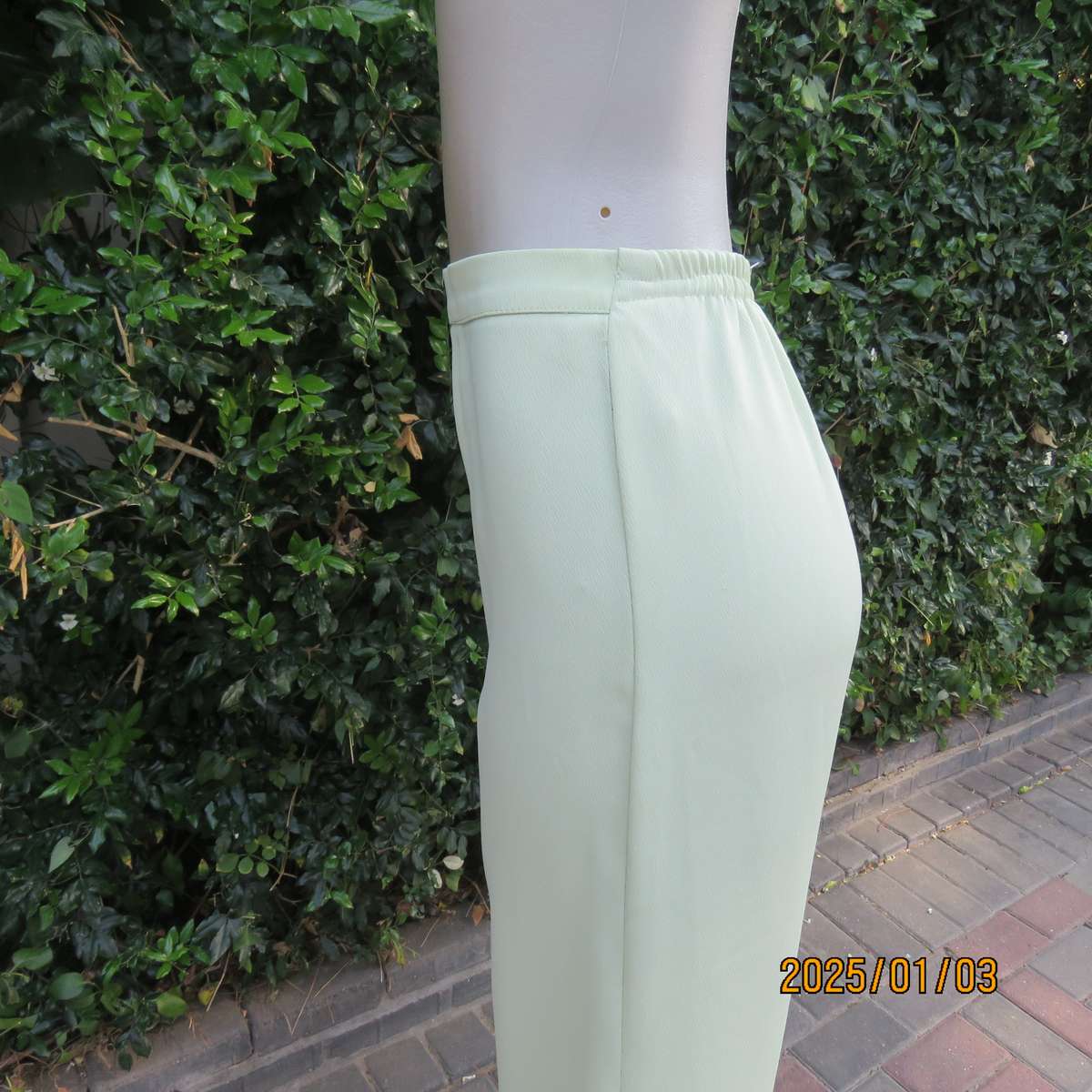 Pastel green dress pants with tapered legs. Flat front-elasticated back. Size 44. Firm textured poly