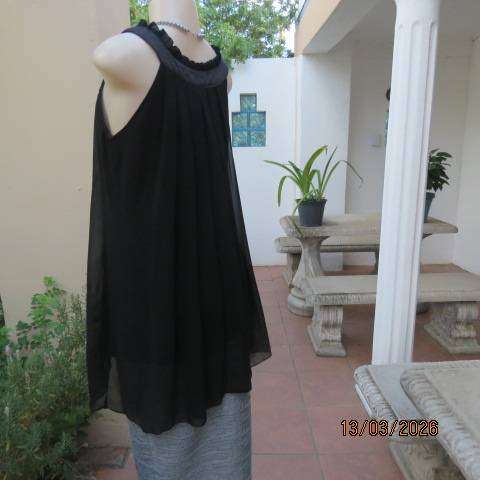 Fv Collection black sheer polyester sleeveless top with narrow frilled yoke, size 34-36