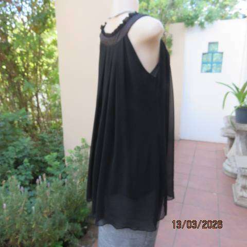 Fv Collection black sheer polyester sleeveless top with narrow frilled yoke, size 34-36