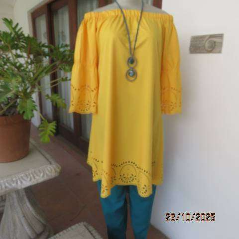 TUSCANY yellow long poly-rayon top with cut-out decoration. Off the shoulder.Size 32