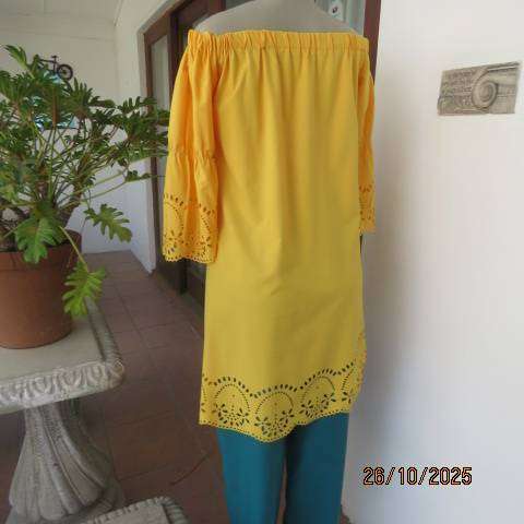 TUSCANY yellow long poly-rayon top with cut-out decoration. Off the shoulder.Size 32