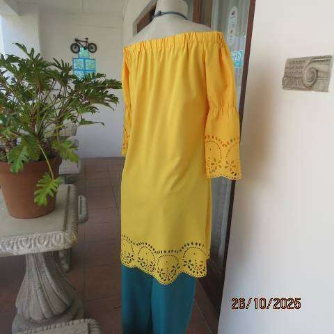 TUSCANY yellow long poly-rayon top with cut-out decoration. Off the shoulder.Size 32