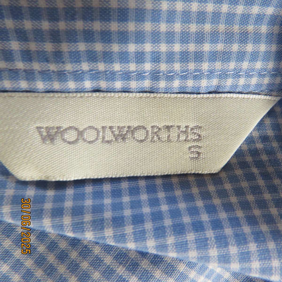 WOOLWORTHS blue-white tiny check long sleeve shirt. Size 36. Polycotton.
