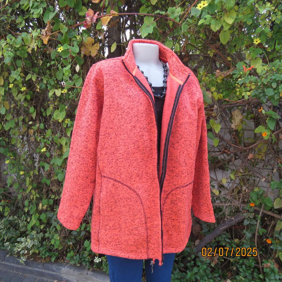 FASHION EXPRESS cosy zip-up crimson-brown mottled brush polyester jacket size 50