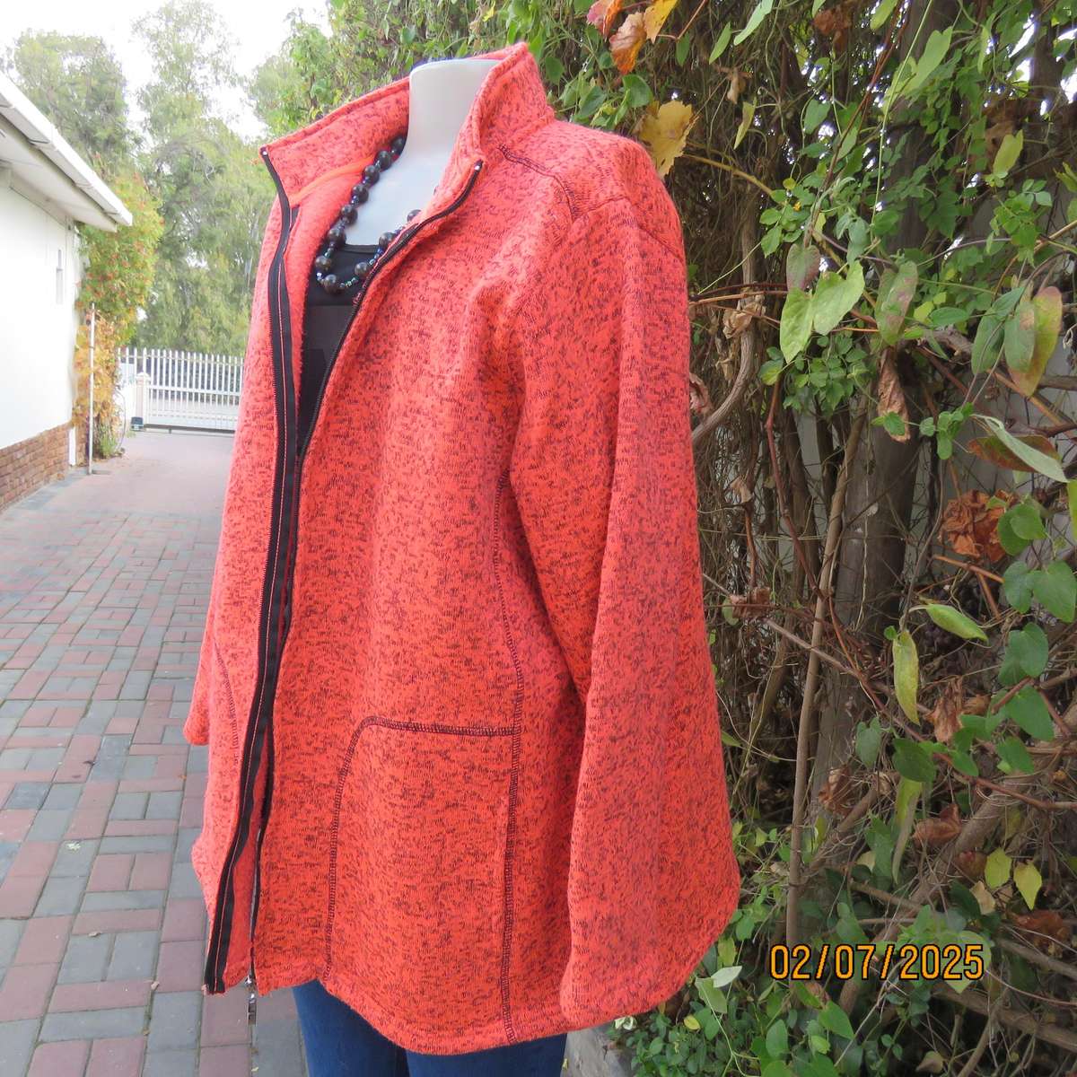 FASHION EXPRESS cosy zip-up crimson-brown mottled brush polyester jacket size 50