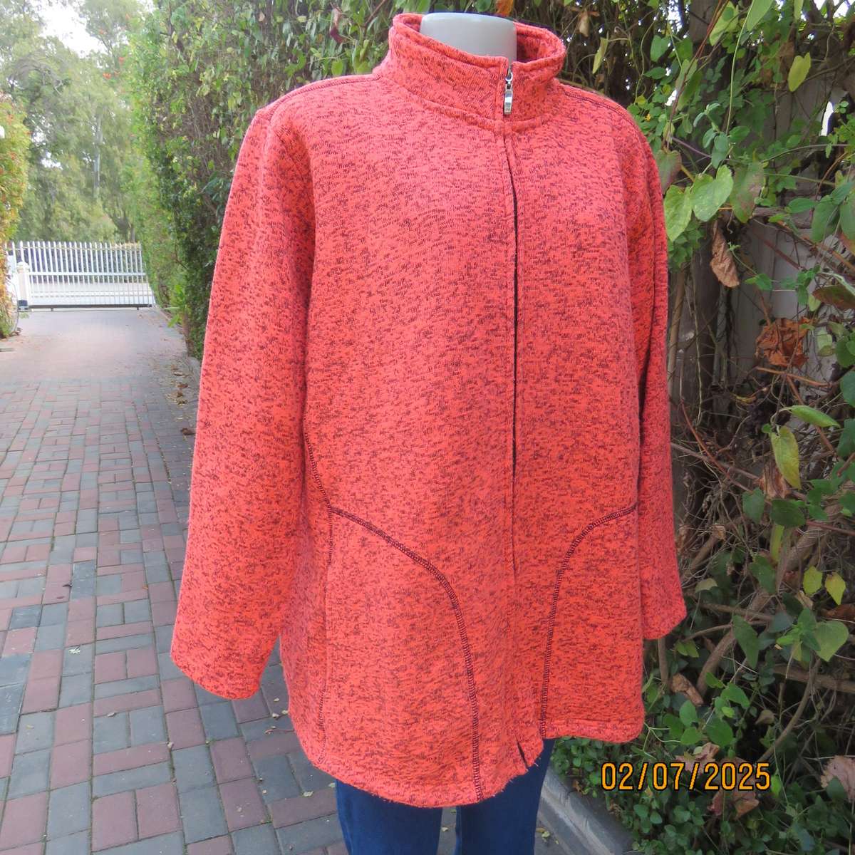 FASHION EXPRESS cosy zip-up crimson-brown mottled brush polyester jacket size 50