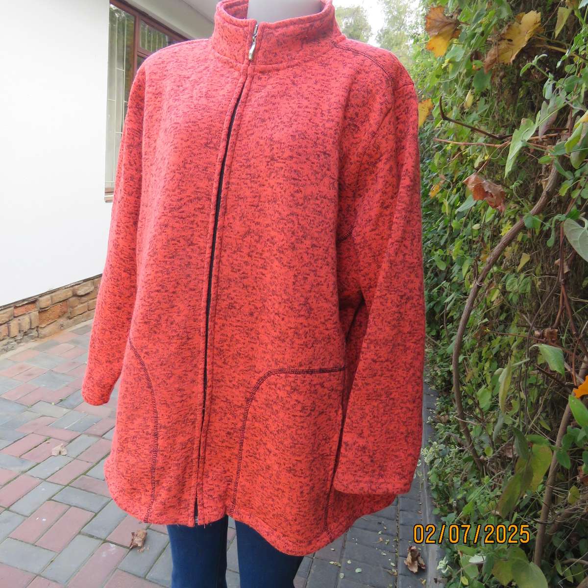FASHION EXPRESS cosy zip-up crimson-brown mottled brush polyester jacket size 50