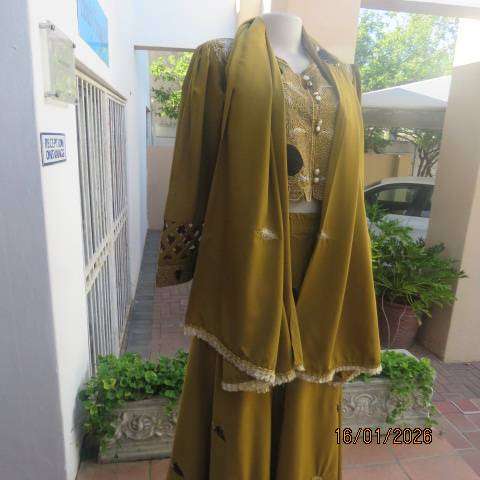 Boutique made 3 pc Islamic marigold colour silky polyester outfit with rich embellishment. Size 38