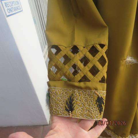 Boutique made 3 pc Islamic marigold colour silky polyester outfit with rich embellishment. Size 38