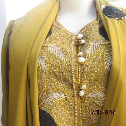 Boutique made 3 pc Islamic marigold colour silky polyester outfit with rich embellishment. Size 38