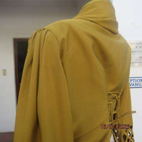 Boutique made 3 pc Islamic marigold colour silky polyester outfit with rich embellishment. Size 38