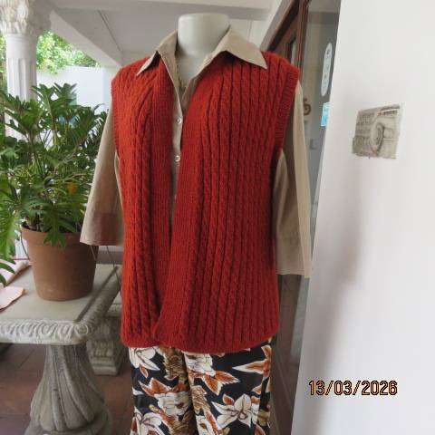 Burnt orange acrylic knit open front waistcoat, hand knitted cable design, size 44