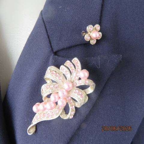 Silver toned floral brooch with pink pearls and tiny pink stones + tiny matching brooch