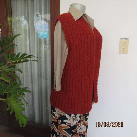 Burnt orange acrylic knit open front waistcoat, hand knitted cable design, size 44
