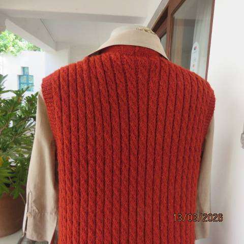 Burnt orange acrylic knit open front waistcoat, hand knitted cable design, size 44