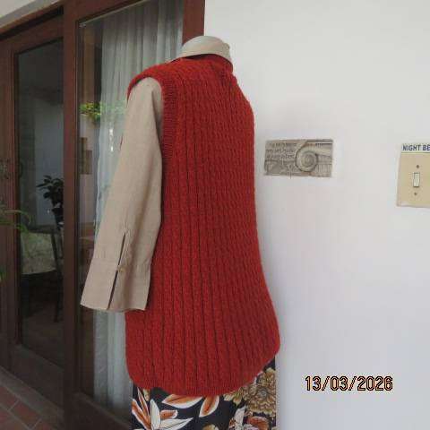 Burnt orange acrylic knit open front waistcoat, hand knitted cable design, size 44