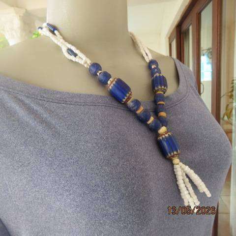 Ethnic blue and white ceramic and glass bead necklace in 52cm length