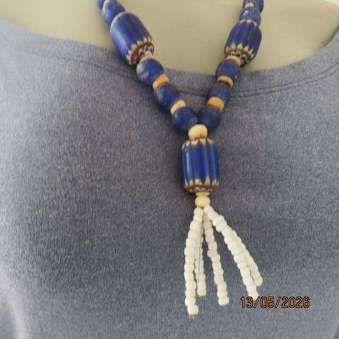 Ethnic blue and white ceramic and glass bead necklace in 52cm length