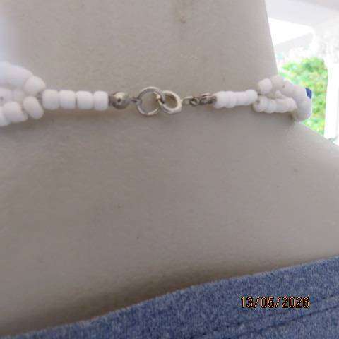 Ethnic blue and white ceramic and glass bead necklace in 52cm length
