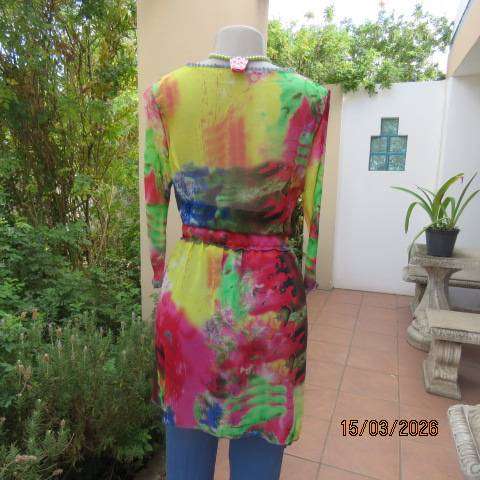 Colorful textured sheer polyester top with fold-over bust and gathered waist - Size 38