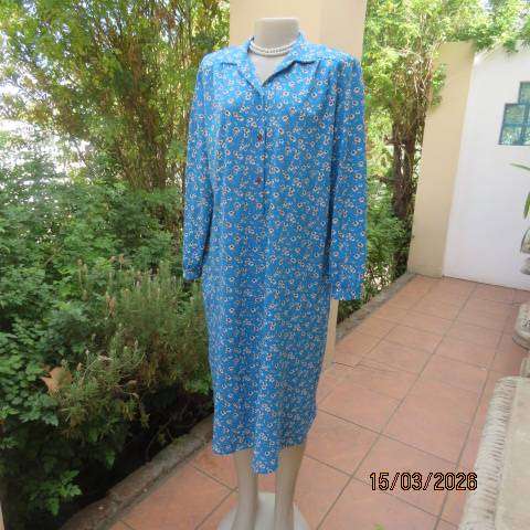 Jade blue long sleeve polyester slip over dress with floral print, size 42