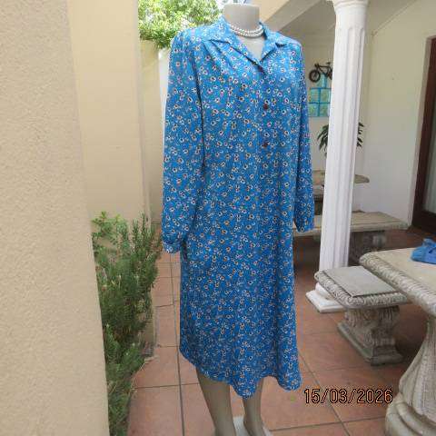 Jade blue long sleeve polyester slip over dress with floral print, size 42