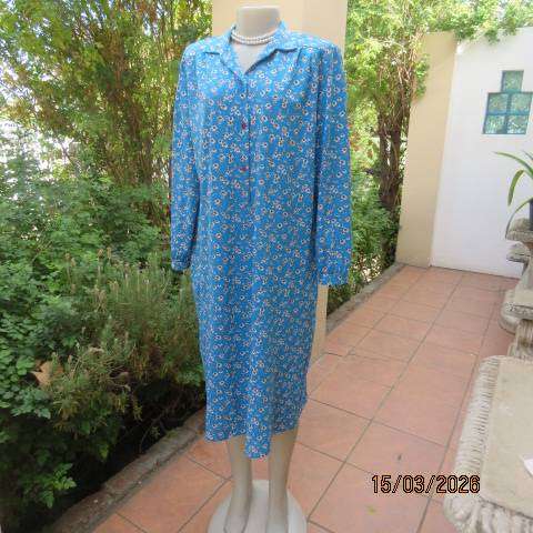 Jade blue long sleeve polyester slip over dress with floral print, size 42