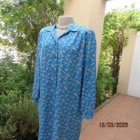 Jade blue long sleeve polyester slip over dress with floral print, size 42