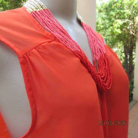 Fashion Express scarlet red slip-over sleeveless sheer polyester top with front zip, size 38