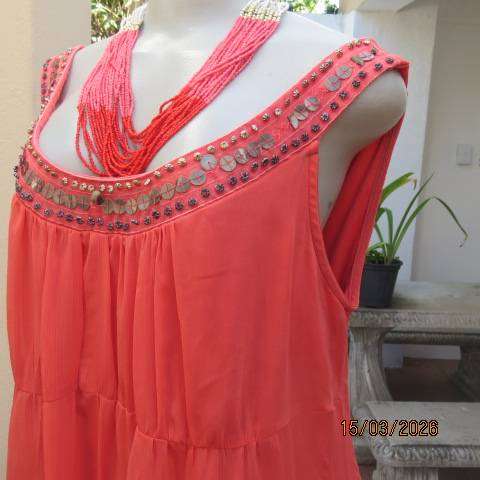DONNA CLAIRE crimson crinkled polyester sleeveless top with embellishments, size 40
