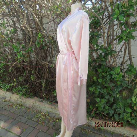 WOOLWORTHS pale pink fold-over silky polyester long night gown with embroidery and belt, size 40