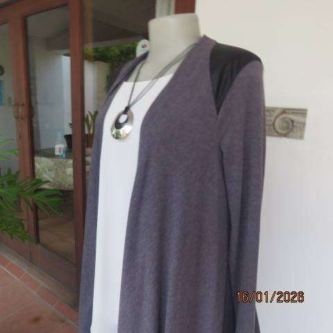 Ash grey long sleeve cover-up with black leather look shoulder-back inlays. Waterfall style. Size 32