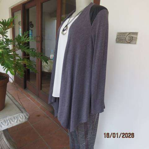 Ash grey long sleeve cover-up with black leather look shoulder-back inlays. Waterfall style. Size 32